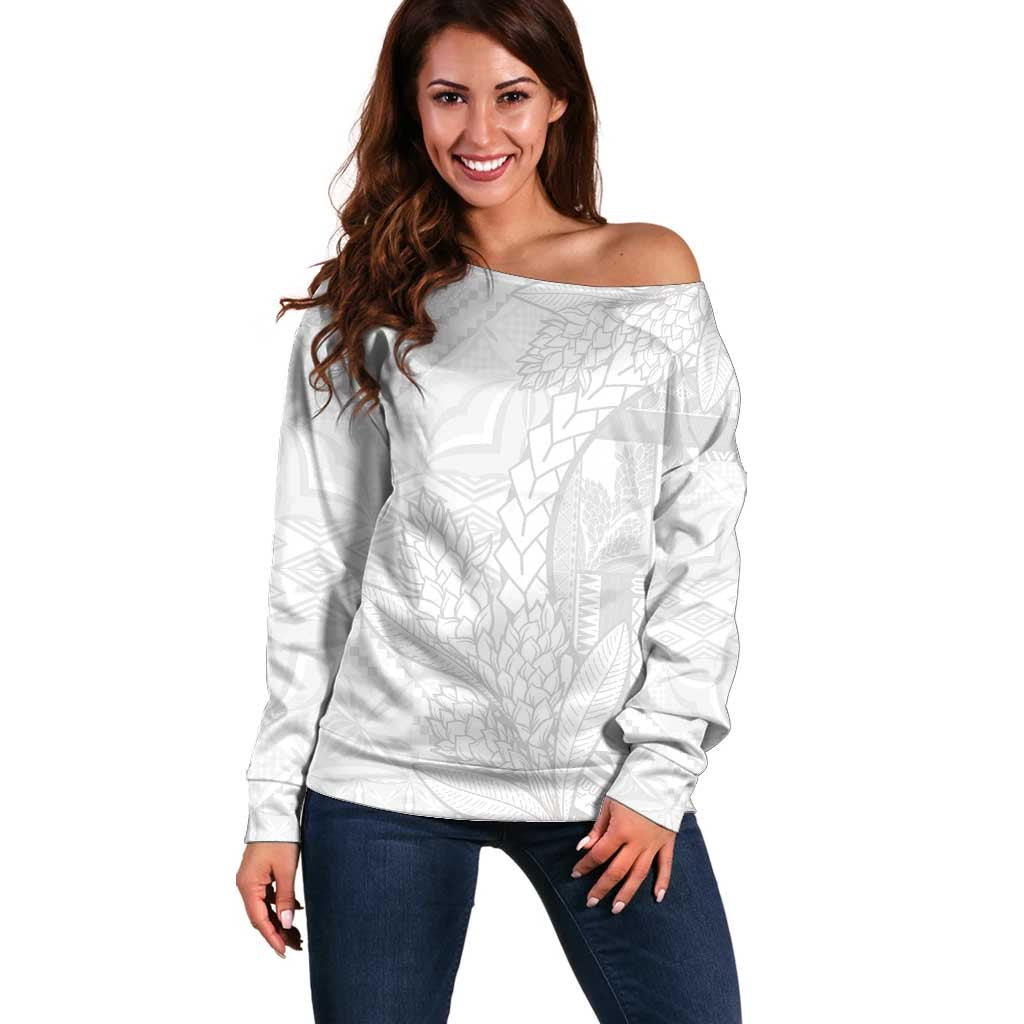 Samoa White Sunday Off Shoulder Sweater Lotu Tamaiti Siapo With Teuila LT14 Women White - Polynesian Pride
