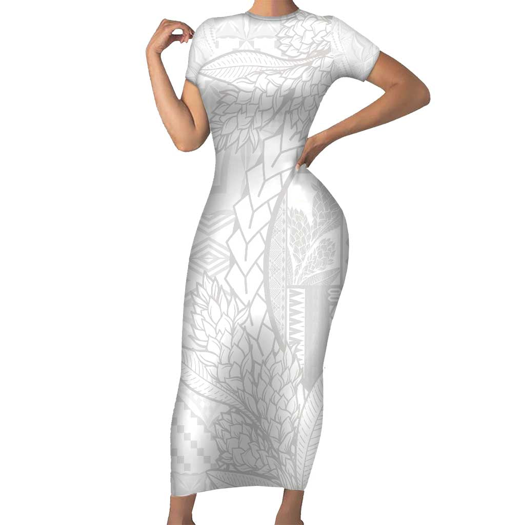 Samoa White Sunday Short Sleeve Bodycon Dress Lotu Tamaiti Siapo With Teuila LT14 Long Dress White - Polynesian Pride