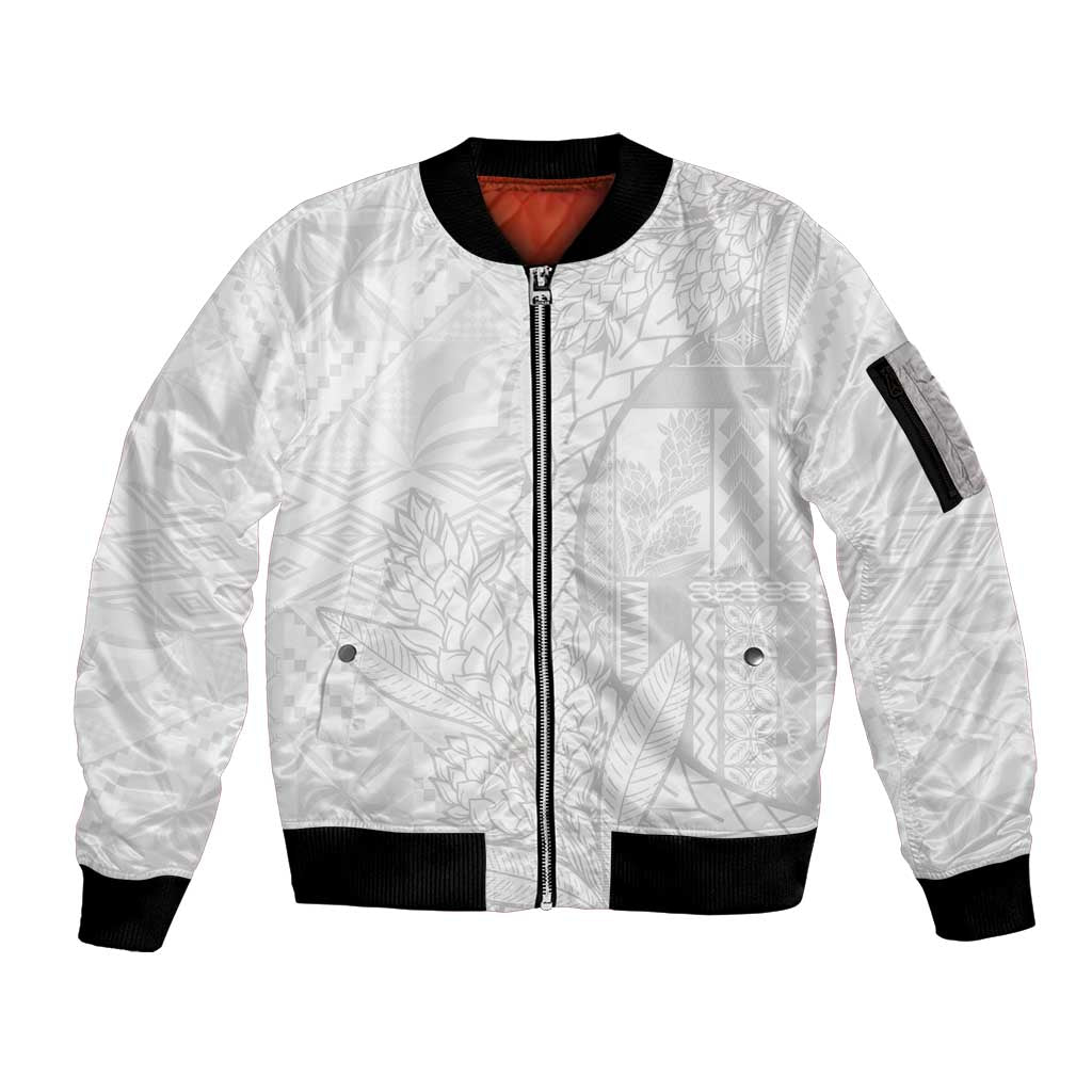 Samoa White Sunday Sleeve Zip Bomber Jacket Lotu Tamaiti Siapo With Teuila LT14 Unisex White - Polynesian Pride