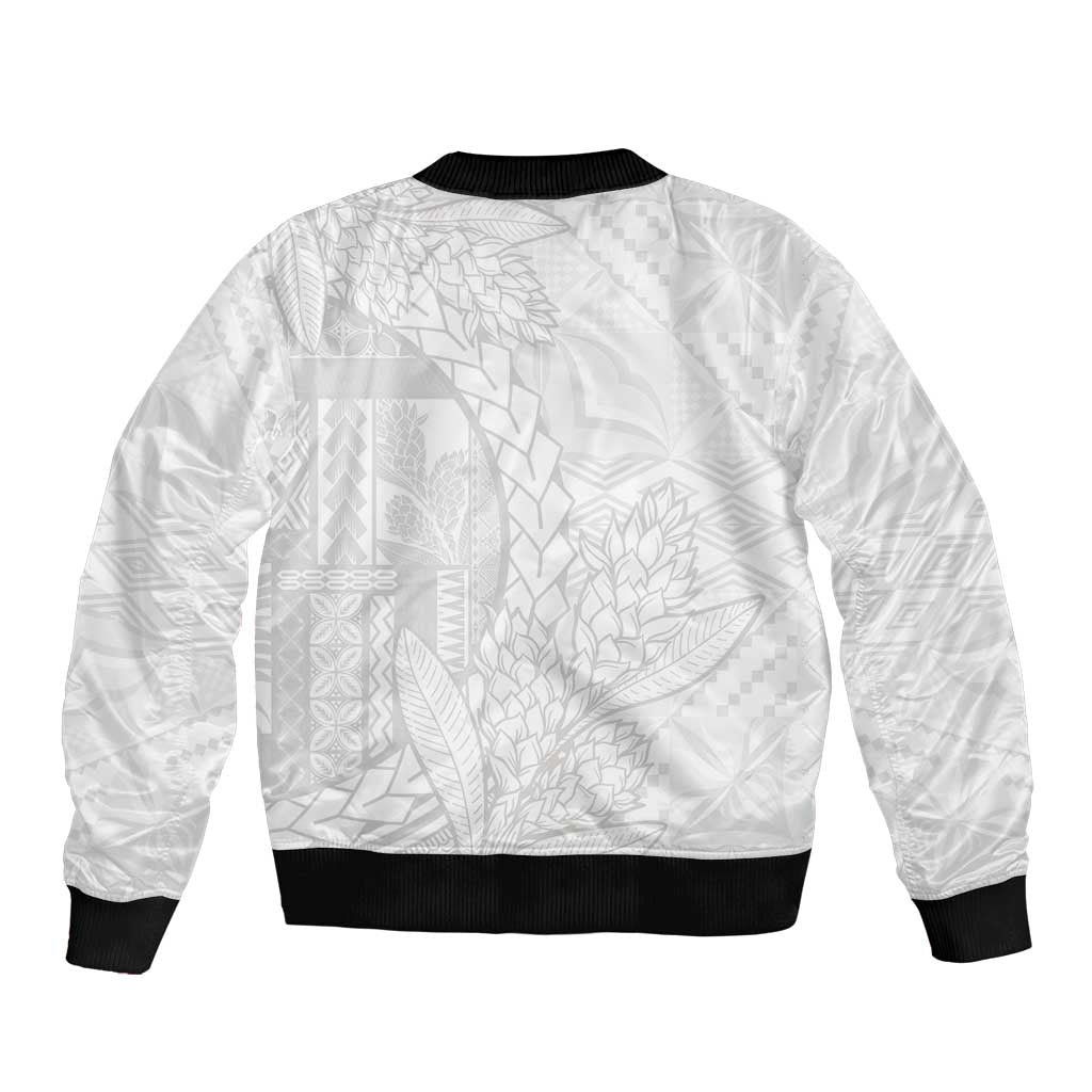 Samoa White Sunday Sleeve Zip Bomber Jacket Lotu Tamaiti Siapo With Teuila LT14 - Polynesian Pride