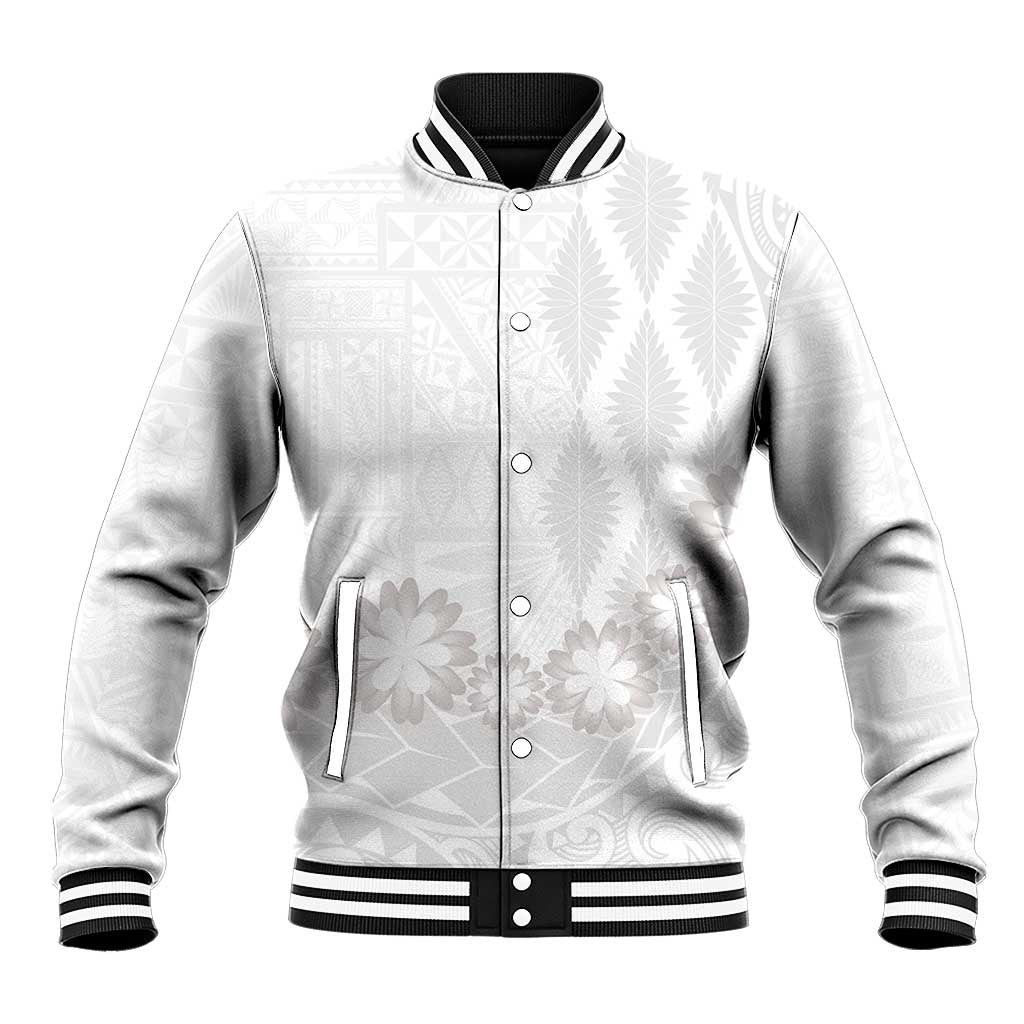 Tonga White Sunday Baseball Jacket Manuia le Aso Sa o Tamaiti Heilala With Ngatu Pattern LT14 Unisex White - Polynesian Pride