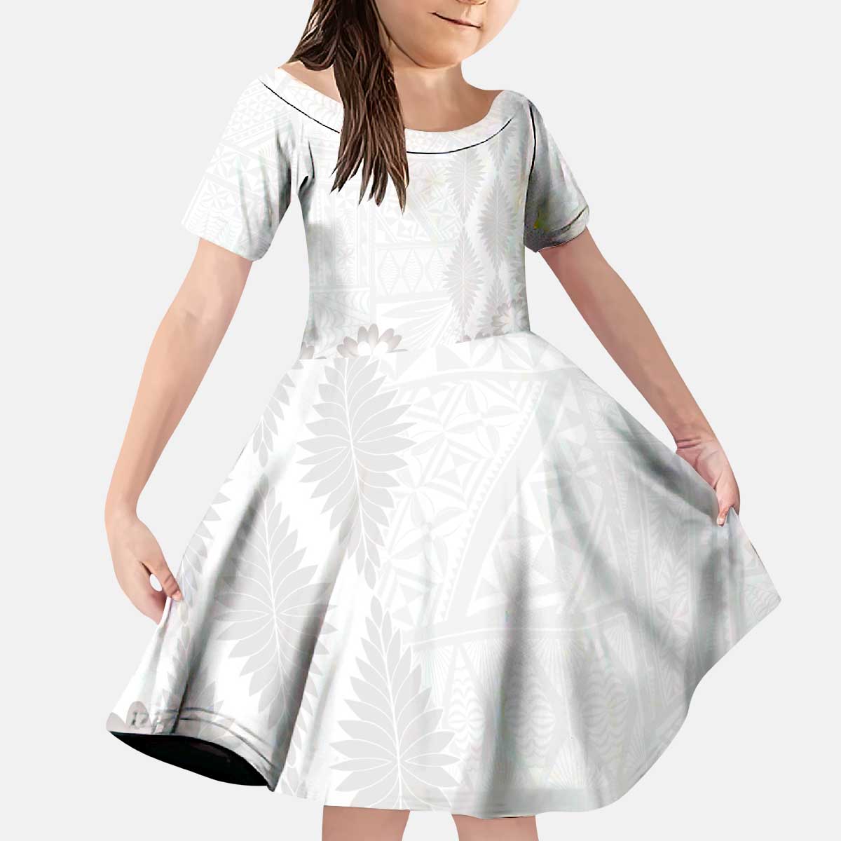 Tonga White Sunday Kid Short Sleeve Dress Manuia le Aso Sa o Tamaiti Heilala With Ngatu Pattern LT14 KID White - Polynesian Pride