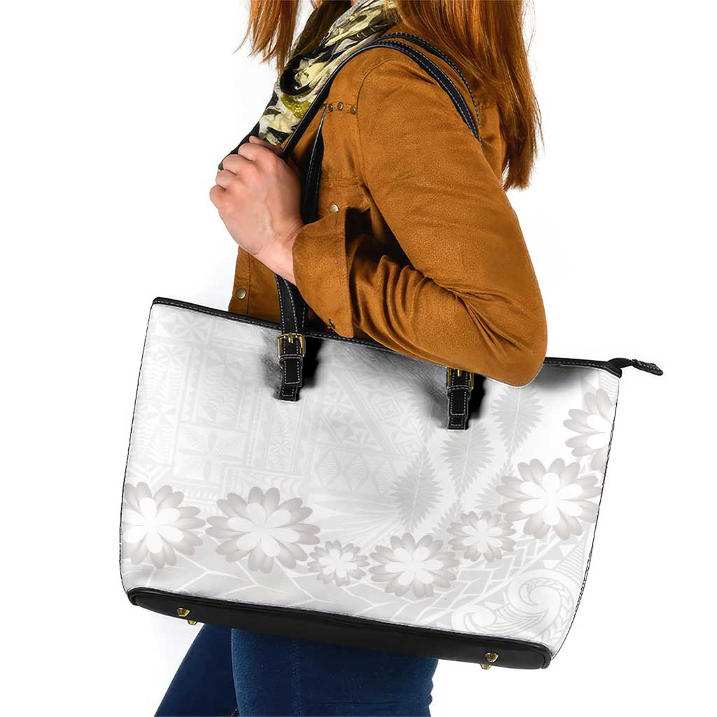 Tonga White Sunday Leather Tote Bag Manuia le Aso Sa o Tamaiti Heilala With Ngatu Pattern LT14 White - Polynesian Pride