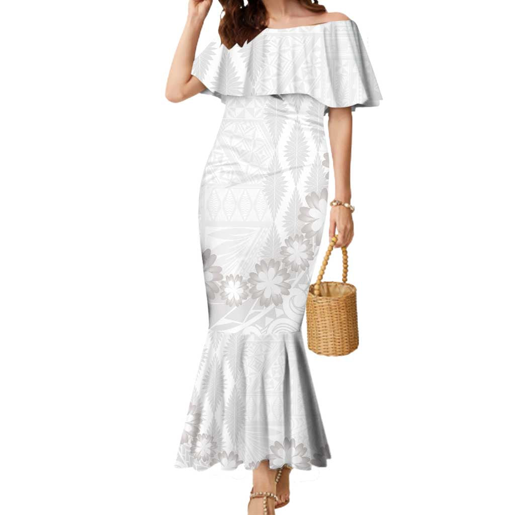 Tonga White Sunday Mermaid Dress Manuia le Aso Sa o Tamaiti Heilala With Ngatu Pattern LT14 Women White - Polynesian Pride