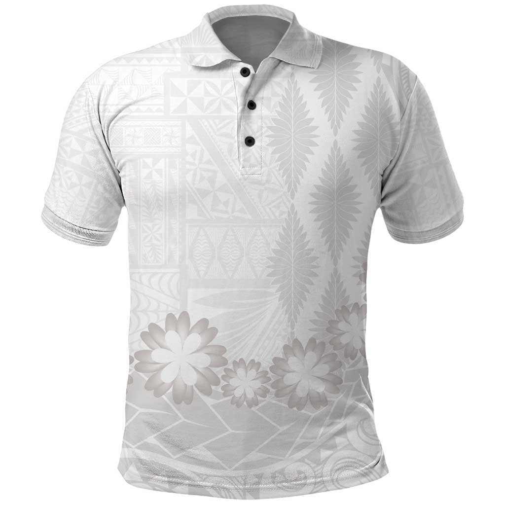 Tonga White Sunday Polo Shirt Manuia le Aso Sa o Tamaiti Heilala With Ngatu Pattern LT14 White - Polynesian Pride