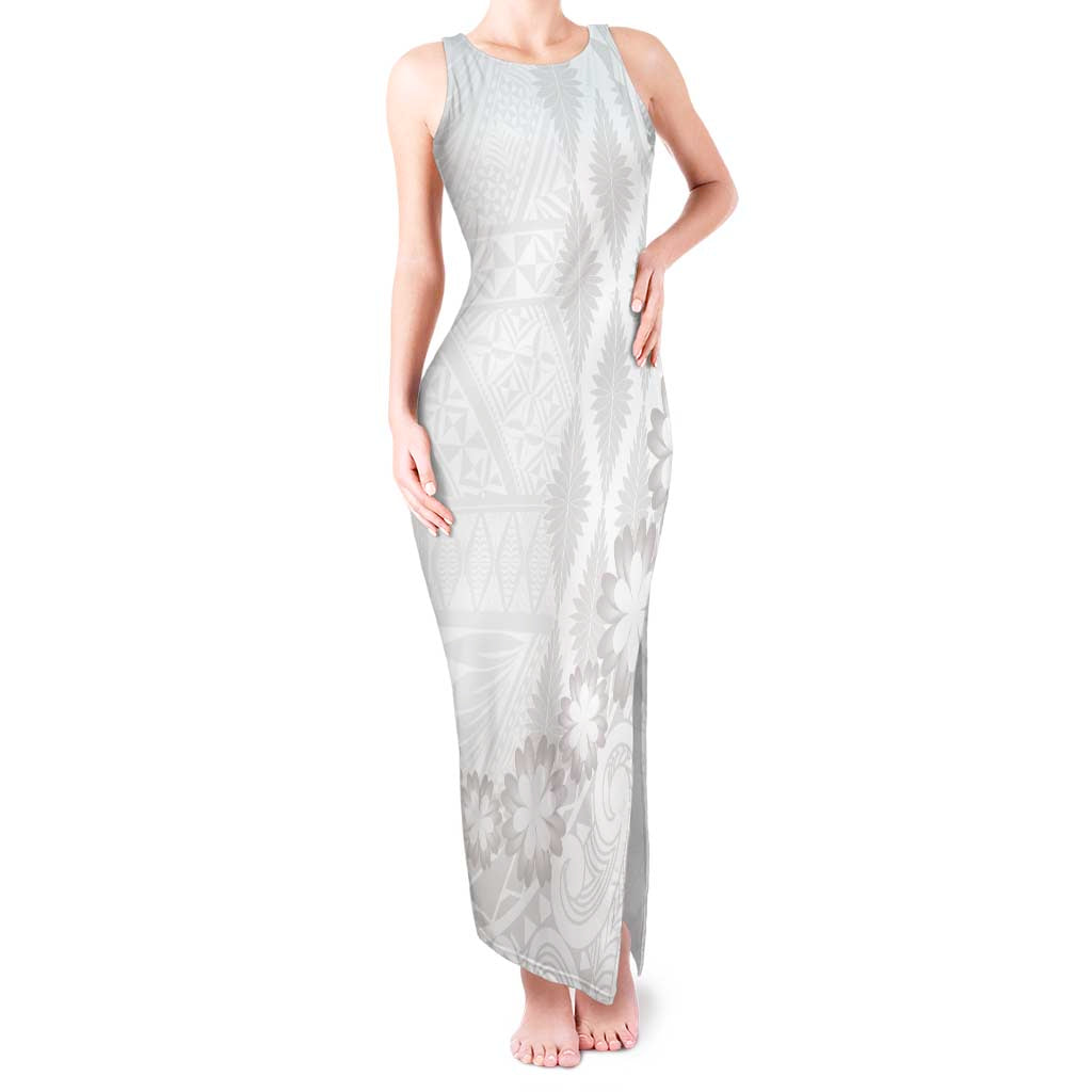 Tonga White Sunday Tank Maxi Dress Manuia le Aso Sa o Tamaiti Heilala With Ngatu Pattern LT14 Women White - Polynesian Pride