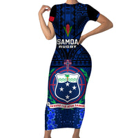 Custom Samoa Rugby Short Sleeve Bodycon Dress World Cup 2023 Go Champions Manu Samoa LT14 Long Dress Blue - Polynesian Pride