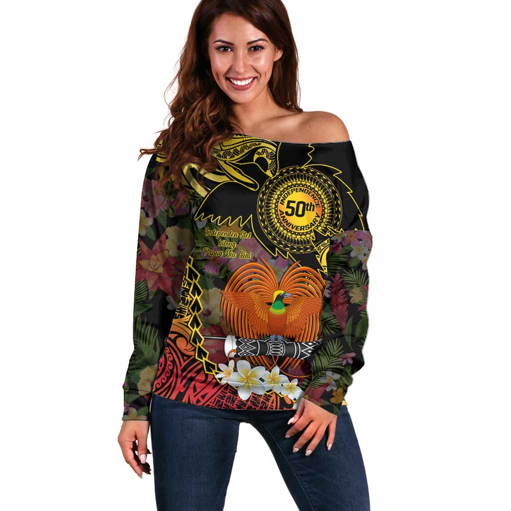 Papua New Guinea 50th Independence Anniversary Off Shoulder Sweater Independen Stet bilong Papua Niu Gini LT14 Women Black - Polynesian Pride