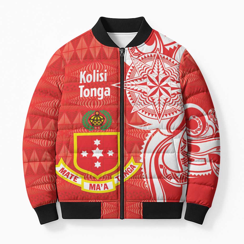 Personalised Kolisi Tonga Bomber Puffer Jacket Mate Maa Tonga Ngatu Pattern LT14 Unisex Red - Polynesian Pride