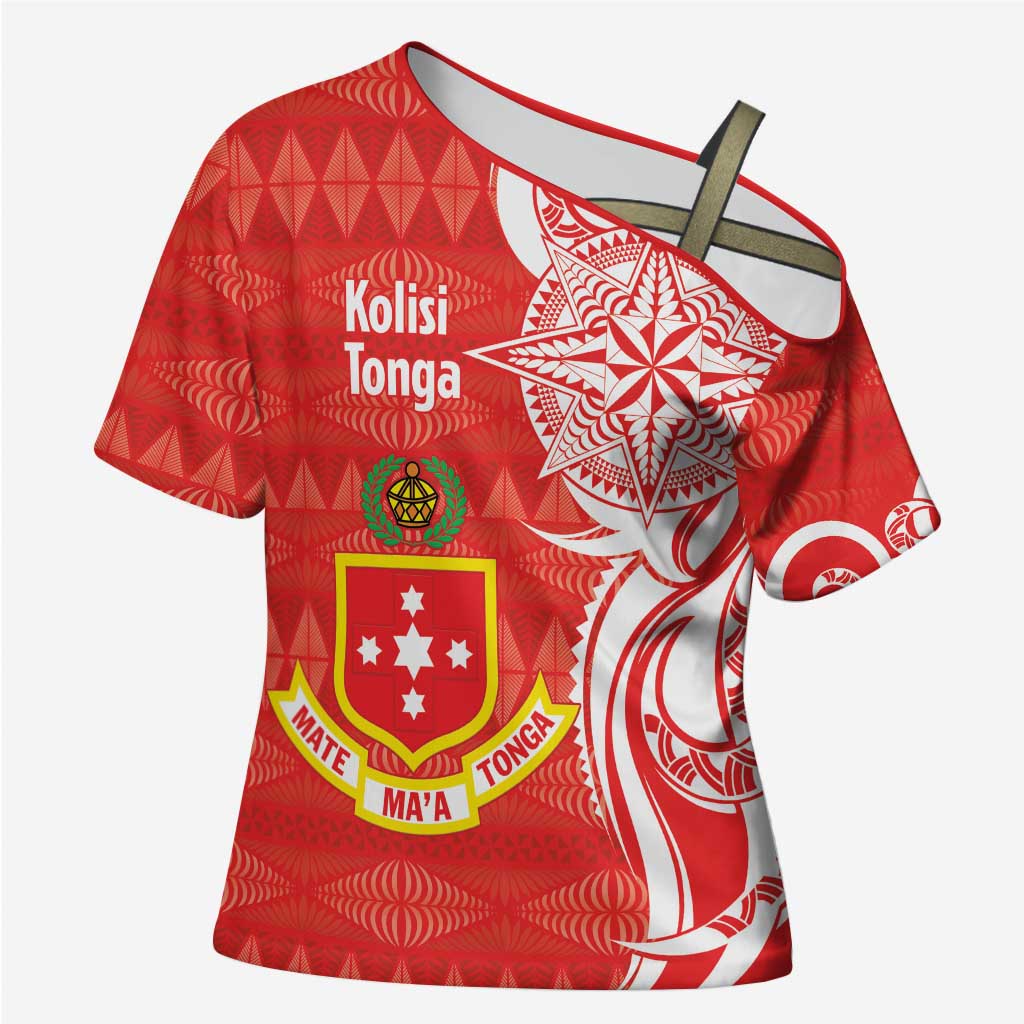 Personalised Kolisi Tonga Cross Shoulder Shirt Mate Maa Tonga Ngatu Pattern LT14 Female Red - Polynesian Pride