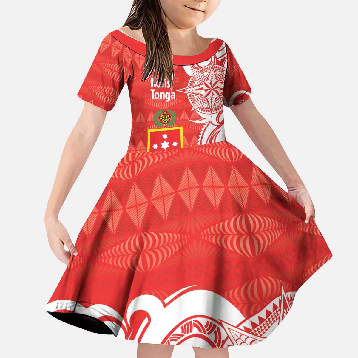 Personalised Kolisi Tonga Kid Short Sleeve Dress Mate Maa Tonga Ngatu Pattern LT14 KID Red - Polynesian Pride