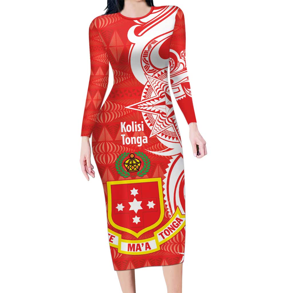 Personalised Kolisi Tonga Long Sleeve Bodycon Dress Mate Maa Tonga Ngatu Pattern LT14 Long Dress Red - Polynesian Pride