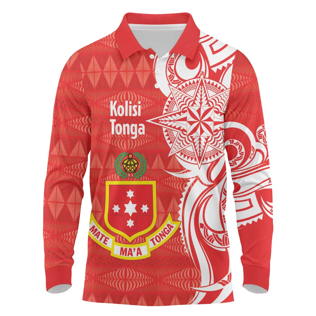 Personalised Kolisi Tonga Long Sleeve Polo Shirt Mate Maa Tonga Ngatu Pattern LT14 Red - Polynesian Pride