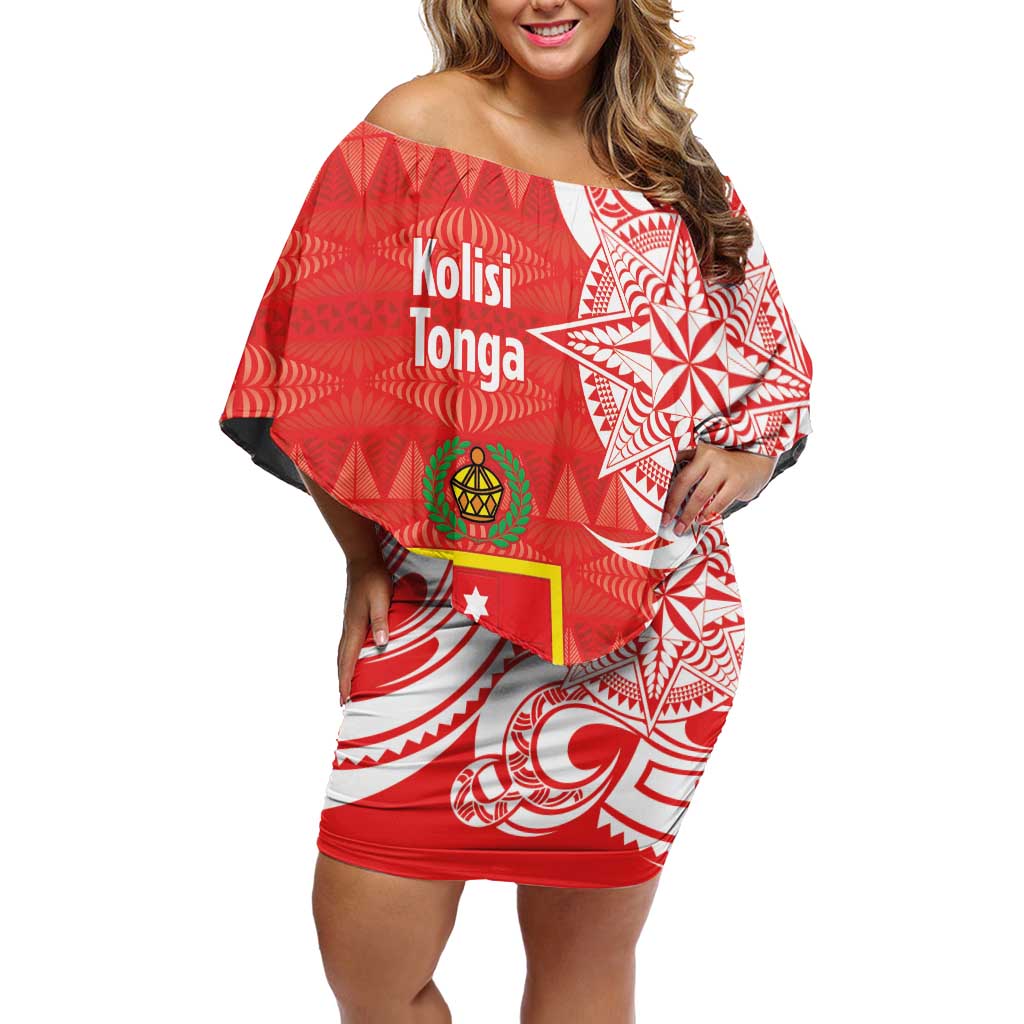 Personalised Kolisi Tonga Off Shoulder Short Dress Mate Maa Tonga Ngatu Pattern LT14 Women Red - Polynesian Pride