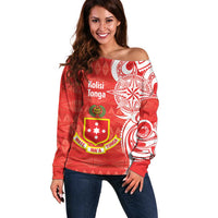 Personalised Kolisi Tonga Off Shoulder Sweater Mate Maa Tonga Ngatu Pattern LT14 Women Red - Polynesian Pride