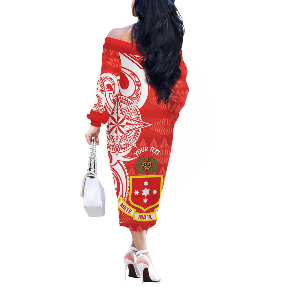 Personalised Kolisi Tonga Off The Shoulder Long Sleeve Dress Mate Maa Tonga Ngatu Pattern LT14 - Polynesian Pride