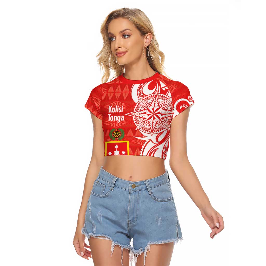 Personalised Kolisi Tonga Raglan Cropped T Shirt Mate Maa Tonga Ngatu Pattern LT14 Female Red - Polynesian Pride