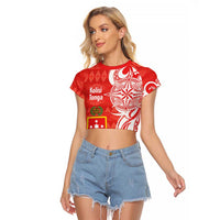 Personalised Kolisi Tonga Raglan Cropped T Shirt Mate Maa Tonga Ngatu Pattern LT14 Female Red - Polynesian Pride