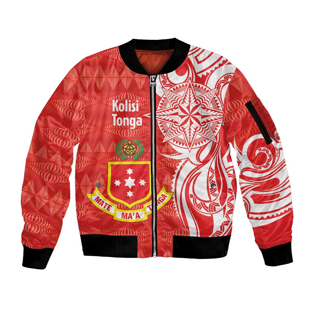 Personalised Kolisi Tonga Sleeve Zip Bomber Jacket Mate Maa Tonga Ngatu Pattern LT14 Unisex Red - Polynesian Pride