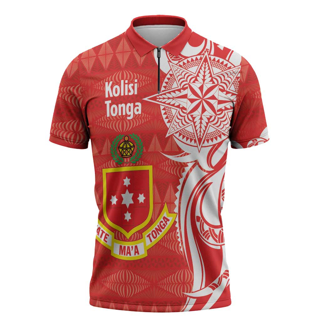 Personalised Kolisi Tonga Zipper Polo Shirt Mate Maa Tonga Ngatu Pattern LT14 Red - Polynesian Pride
