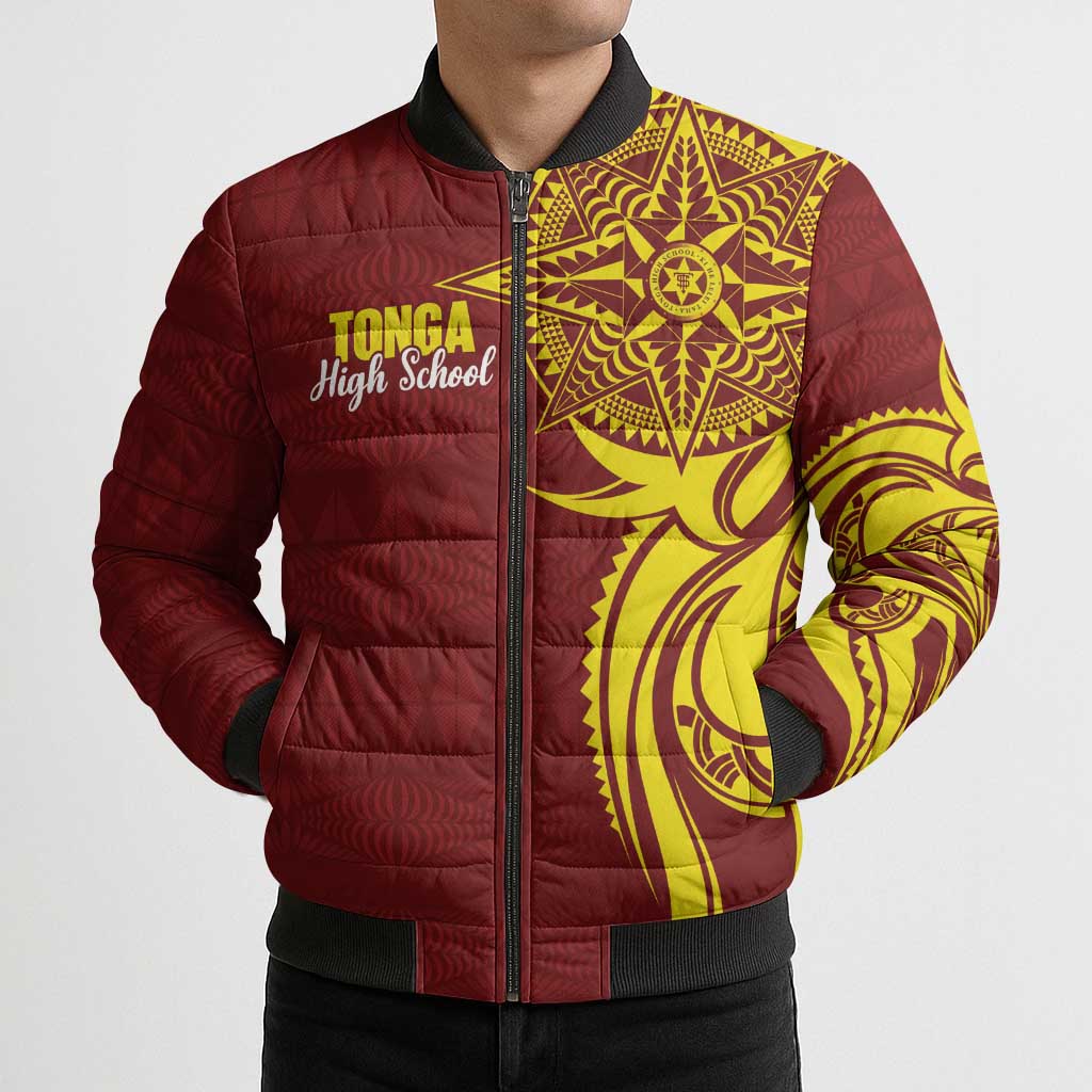 Personalised Tonga High School Bomber Puffer Jacket THS Tongan Ngatu Pattern LT14 - Polynesian Pride
