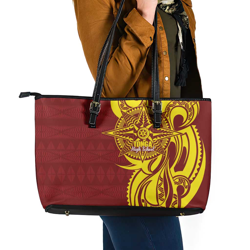 Personalised Tonga High School Leather Tote Bag THS Tongan Ngatu Pattern LT14 - Polynesian Pride
