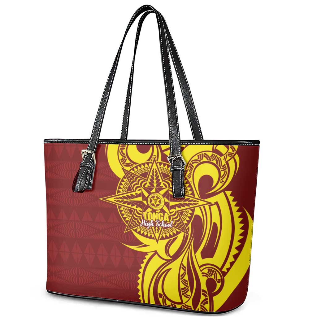 Personalised Tonga High School Leather Tote Bag THS Tongan Ngatu Pattern LT14 - Polynesian Pride