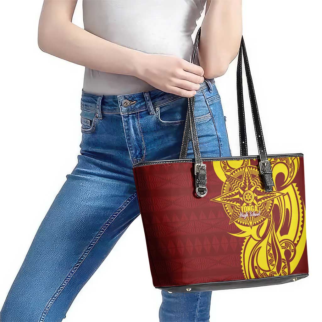 Personalised Tonga High School Leather Tote Bag THS Tongan Ngatu Pattern LT14 - Polynesian Pride