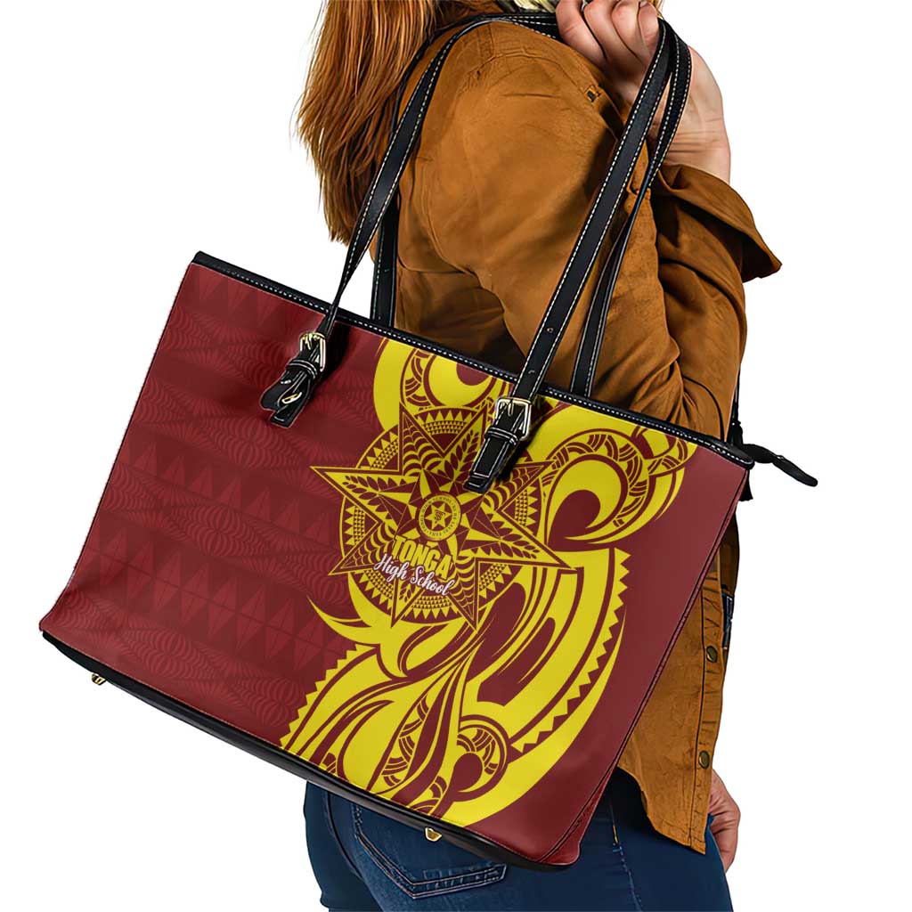 Personalised Tonga High School Leather Tote Bag THS Tongan Ngatu Pattern LT14 - Polynesian Pride