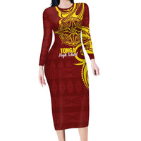 Personalised Tonga High School Long Sleeve Bodycon Dress THS Tongan Ngatu Pattern LT14 Long Dress Maroon - Polynesian Pride