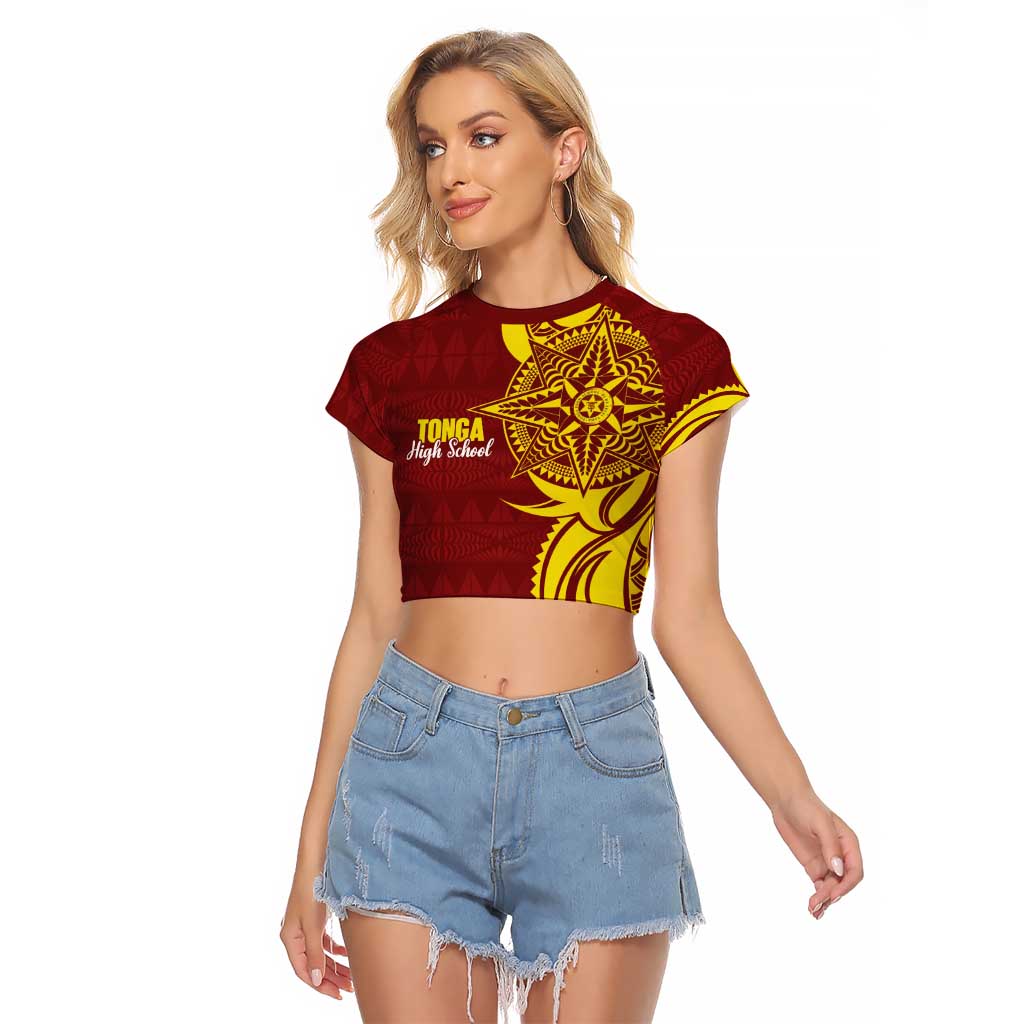 Personalised Tonga High School Raglan Cropped T Shirt THS Tongan Ngatu Pattern LT14 Female Maroon - Polynesian Pride