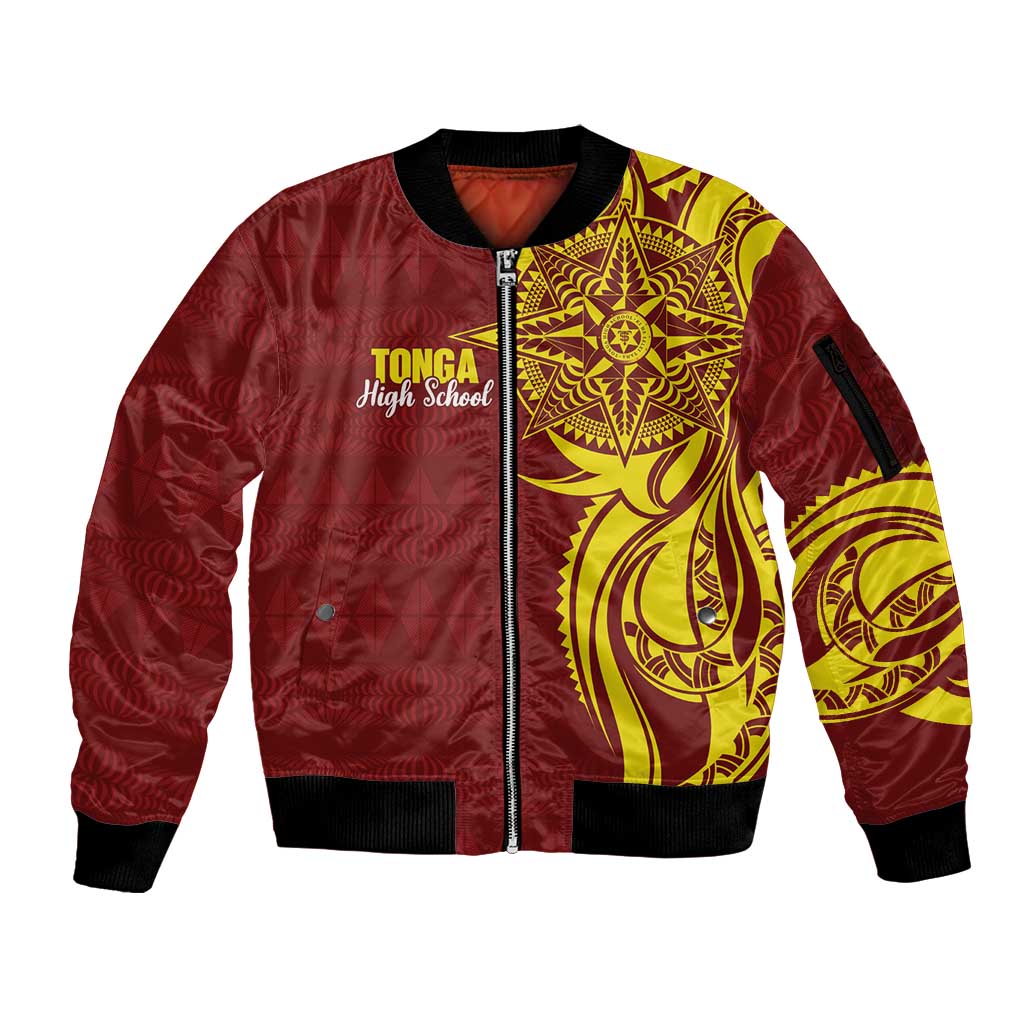 Personalised Tonga High School Sleeve Zip Bomber Jacket THS Tongan Ngatu Pattern LT14 Unisex Maroon - Polynesian Pride