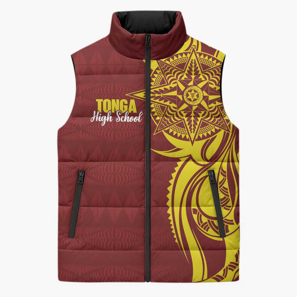 Personalised Tonga High School Sleeveless Puffer Jacket THS Tongan Ngatu Pattern LT14 Unisex Maroon - Polynesian Pride