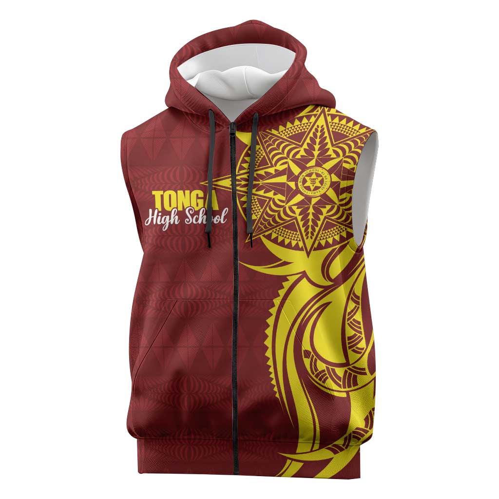 Personalised Tonga High School Sleeveless Zip Hoodie THS Tongan Ngatu Pattern LT14 Maroon - Polynesian Pride
