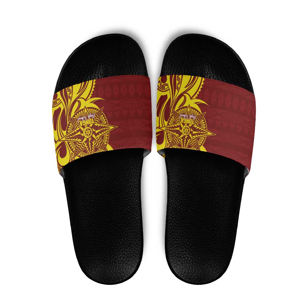 Personalised Tonga High School Slide Sandals THS Tongan Ngatu Pattern LT14 Maroon - Polynesian Pride