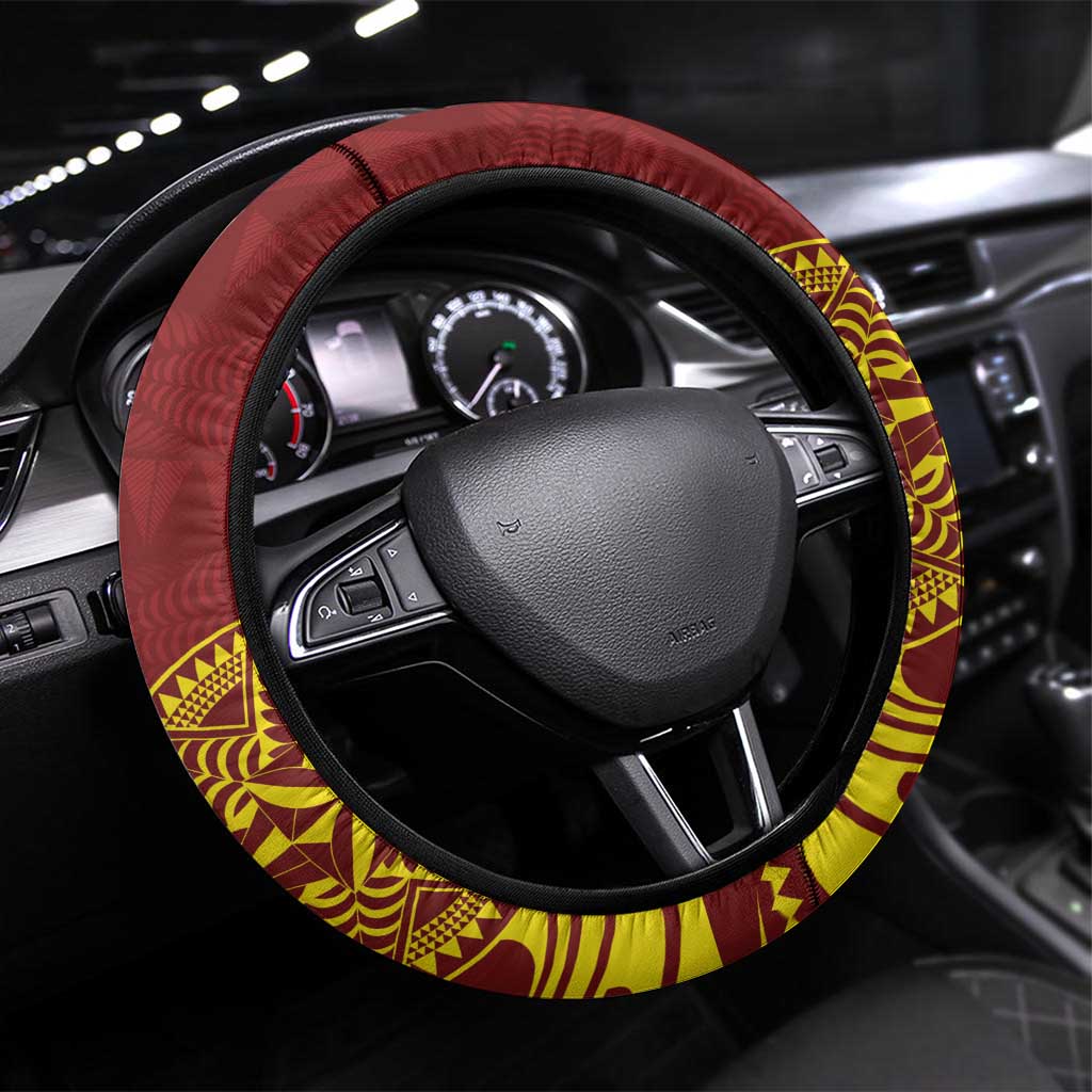 Tonga High School Steering Wheel Cover THS Tongan Ngatu Pattern LT14 Universal Fit Maroon - Polynesian Pride