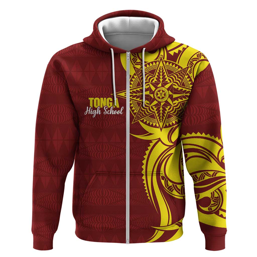 Personalised Tonga High School Zip Hoodie THS Tongan Ngatu Pattern LT14 Zip Hoodie Maroon - Polynesian Pride