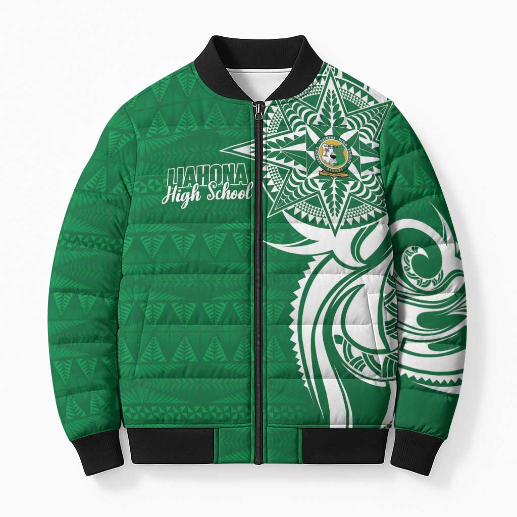 Personalised Liahona - Saineha High School Bomber Puffer Jacket Tongan Ngatu Pattern LT14 Unisex Green - Polynesian Pride