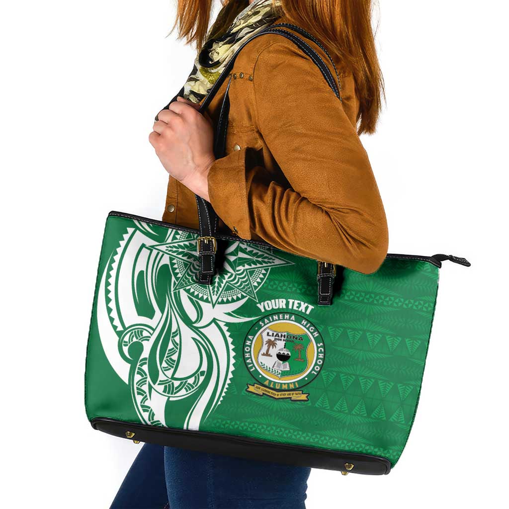 Personalised Liahona - Saineha High School Leather Tote Bag Tongan Ngatu Pattern LT14 Green - Polynesian Pride