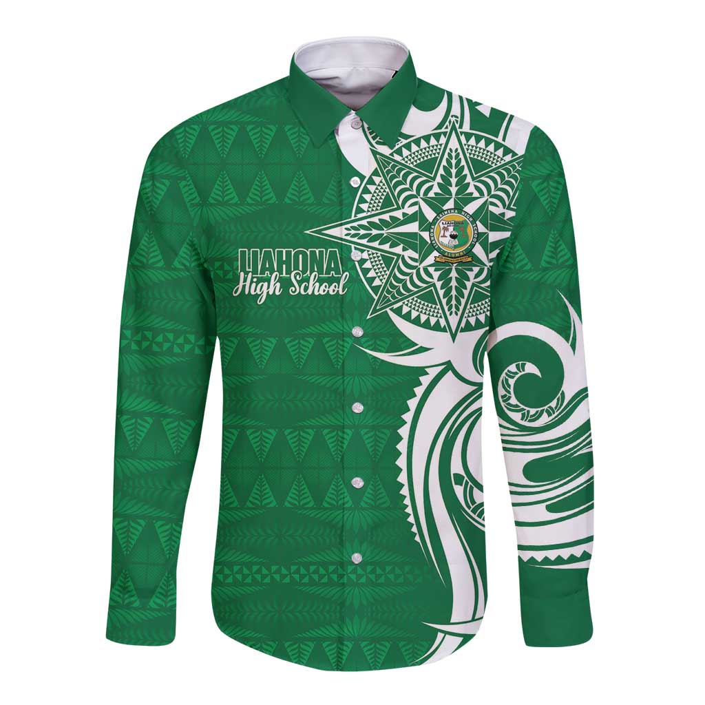 Personalised Liahona - Saineha High School Long Sleeve Button Shirt Tongan Ngatu Pattern LT14 Unisex Green - Polynesian Pride