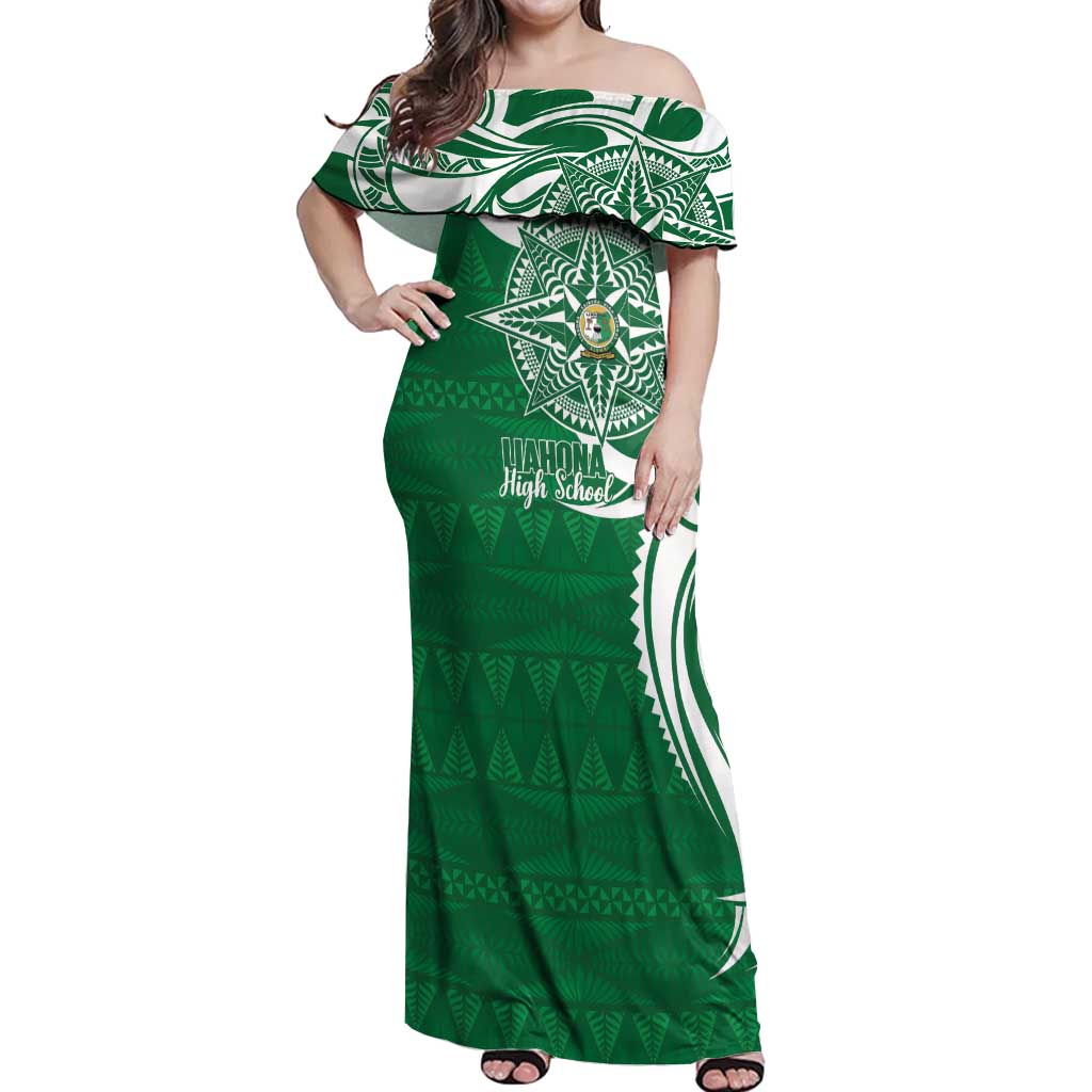 Personalised Liahona - Saineha High School Off Shoulder Maxi Dress Tongan Ngatu Pattern LT14 Women Green - Polynesian Pride