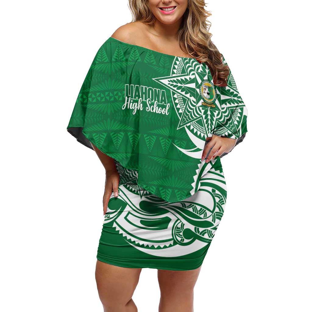 Personalised Liahona - Saineha High School Off Shoulder Short Dress Tongan Ngatu Pattern LT14 Women Green - Polynesian Pride