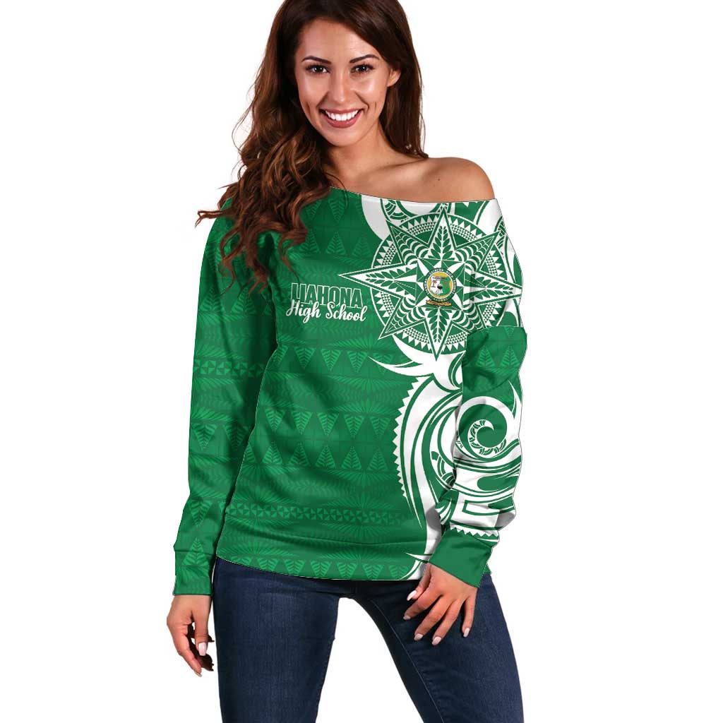 Personalised Liahona - Saineha High School Off Shoulder Sweater Tongan Ngatu Pattern LT14 Women Green - Polynesian Pride