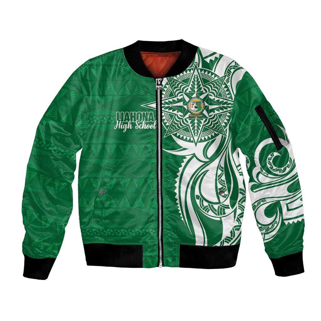 Personalised Liahona - Saineha High School Sleeve Zip Bomber Jacket Tongan Ngatu Pattern LT14 Unisex Green - Polynesian Pride