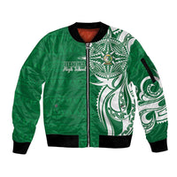 Personalised Liahona - Saineha High School Sleeve Zip Bomber Jacket Tongan Ngatu Pattern LT14 Unisex Green - Polynesian Pride