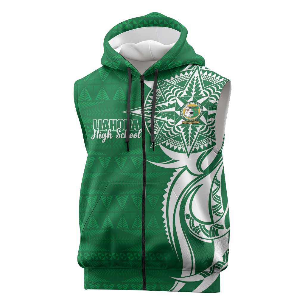 Personalised Liahona - Saineha High School Sleeveless Zip Hoodie Tongan Ngatu Pattern LT14 Green - Polynesian Pride