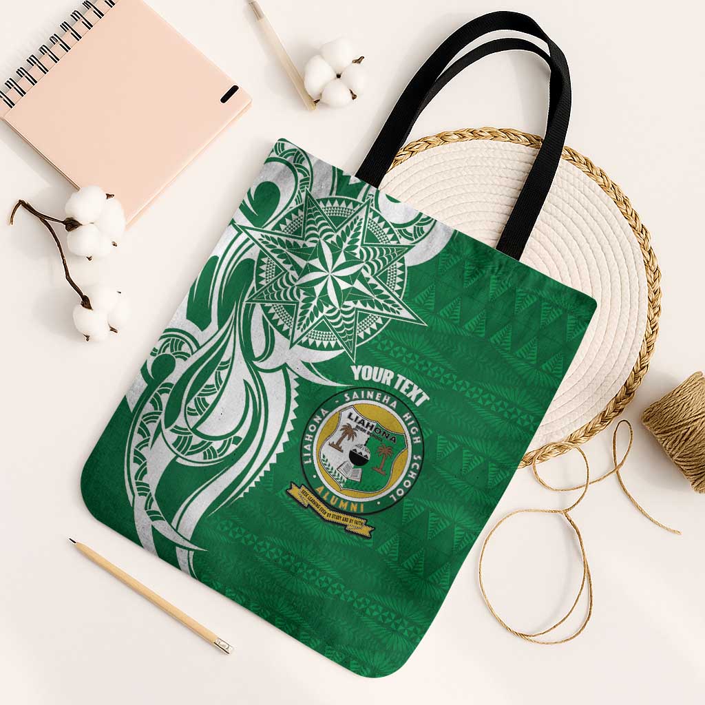 Personalised Liahona - Saineha High School Tote Bag Tongan Ngatu Pattern LT14 Black Strap One Size Green - Polynesian Pride