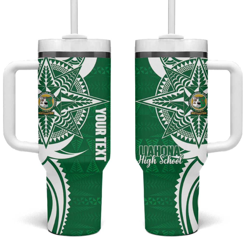 Personalised Liahona - Saineha High School Tumbler With Handle Tongan Ngatu Pattern LT14 One Size: 40 oz Green - Polynesian Pride