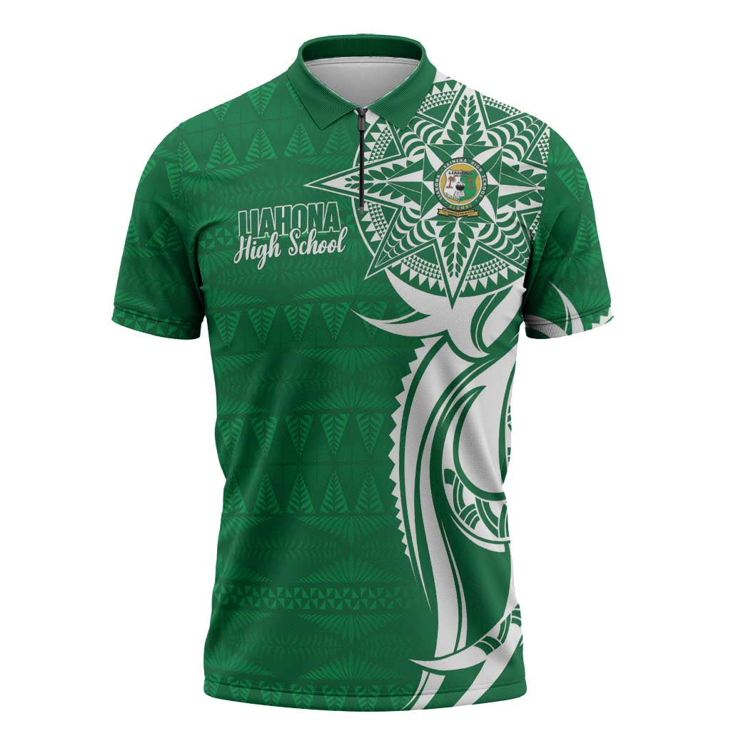 Personalised Liahona - Saineha High School Zipper Polo Shirt Tongan Ngatu Pattern LT14 Green - Polynesian Pride