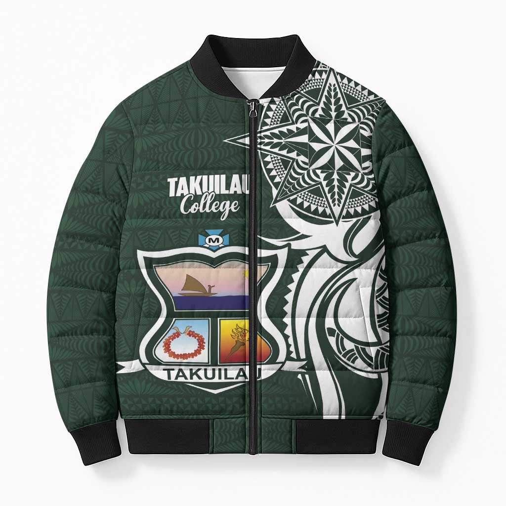 Personalised Tonga Takuilau College Bomber Puffer Jacket Est 1975 Tongan Ngatu Pattern LT14 Unisex Green - Polynesian Pride